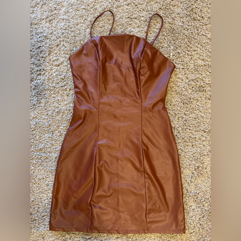 Chic Faux Leather Brown Short Body Con Spaghetti Strap Brown Dress